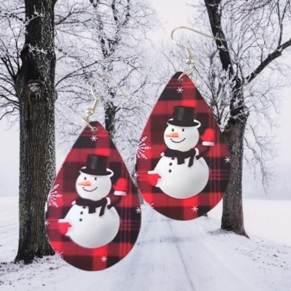 Snowman Dangle Wooden Earrings White Black Red Plaid 2 1/2" Drop New - Picture 9 of 11